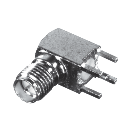 Conector SMA Hembra Inverso en Ãngulo Recto con PIN Terminal y 4 Patas para Montaje PCB Coaxial, Oro/ Oro/ TeflÃ³n.