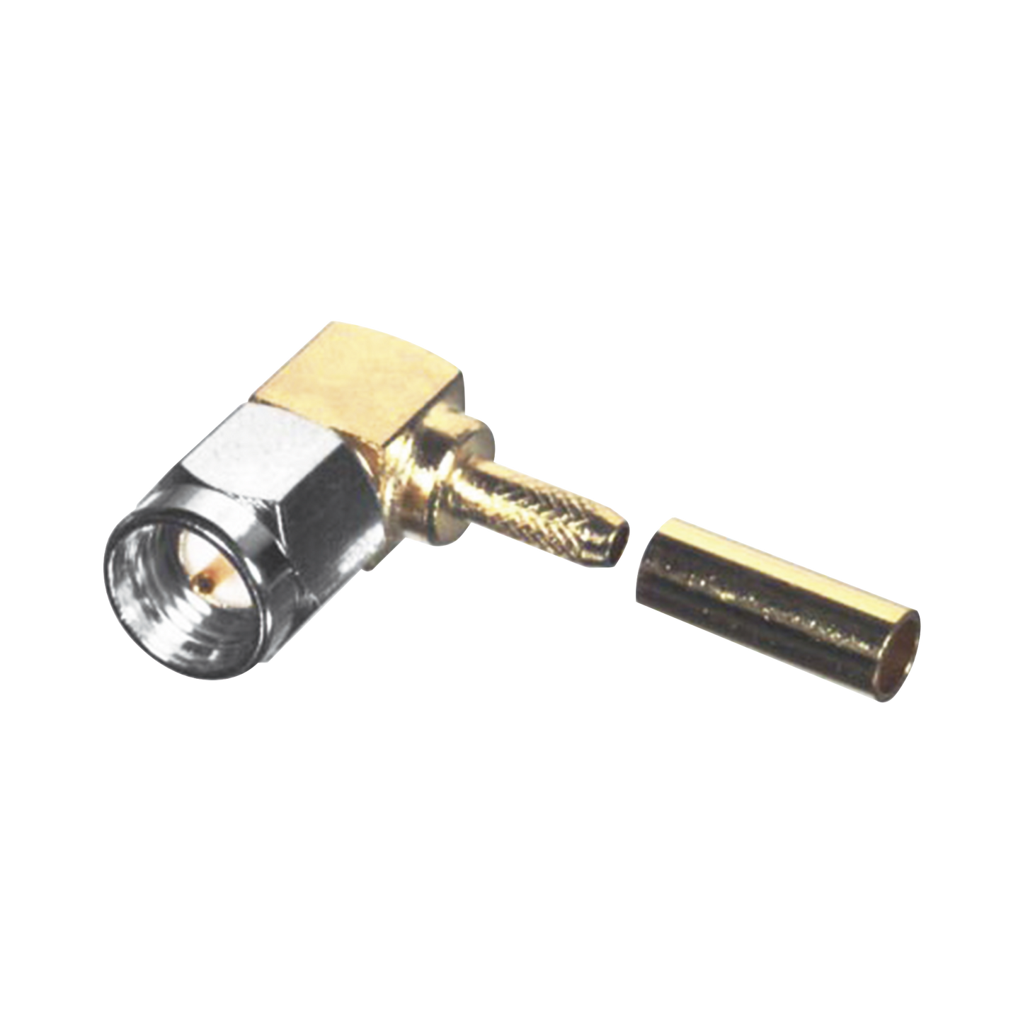 Conector SMA Macho en Ãngulo Recto Para RG-174/U, Grupo B, Tuerca de Acoplamiento de Acero Inoxidable Oro/ Oro/ TeflÃ³n.
