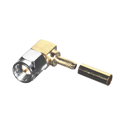Conector SMA Macho en Ãngulo Recto Para RG-174/U, Grupo B, Tuerca de Acoplamiento de Acero Inoxidable Oro/ Oro/ TeflÃ³n.