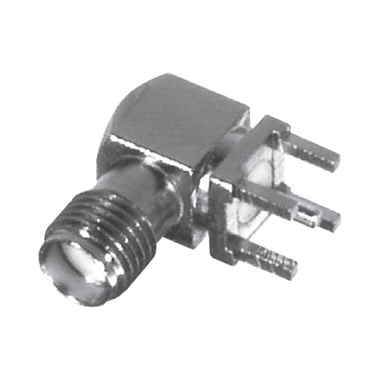 Conector SMA Hembra en Ãngulo Recto con Terminal y 4 Patas para Montaje PCB, NÃ­quel/ Oro/ TeflÃ³n.?