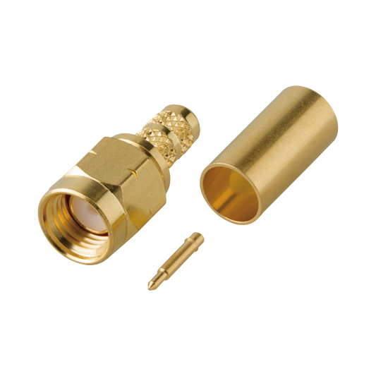 Conector SMA Macho en lÃ­nea tipo Rosca Izquierda, de Anillo Plegable para Cable RG-142/U y Grupo C1, Oro/ Oro/ TeflÃ³n.