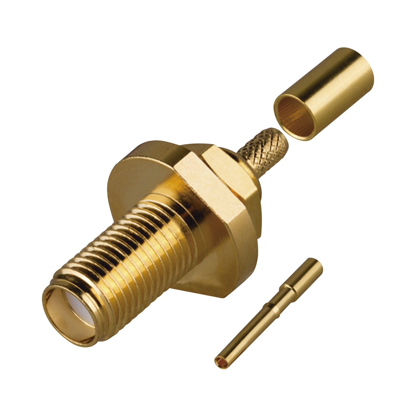 Conector SMA Hembra de Rosca Izquierda, Montaje Frontal en Panel para Cables del Gurpo B, Oro/ Oro/ TeflÃ³n.