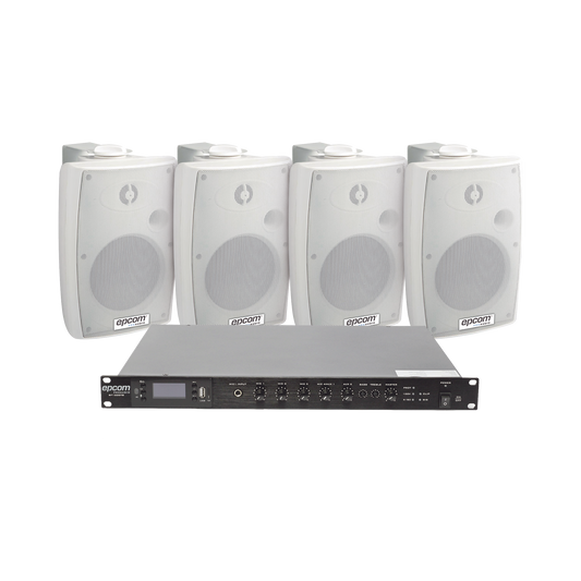 KIT de Amplificador de Audio 120W para Rack | 4 Altavoces de Pared color Blanco 2.5W - 20W | Sistema 70/100V