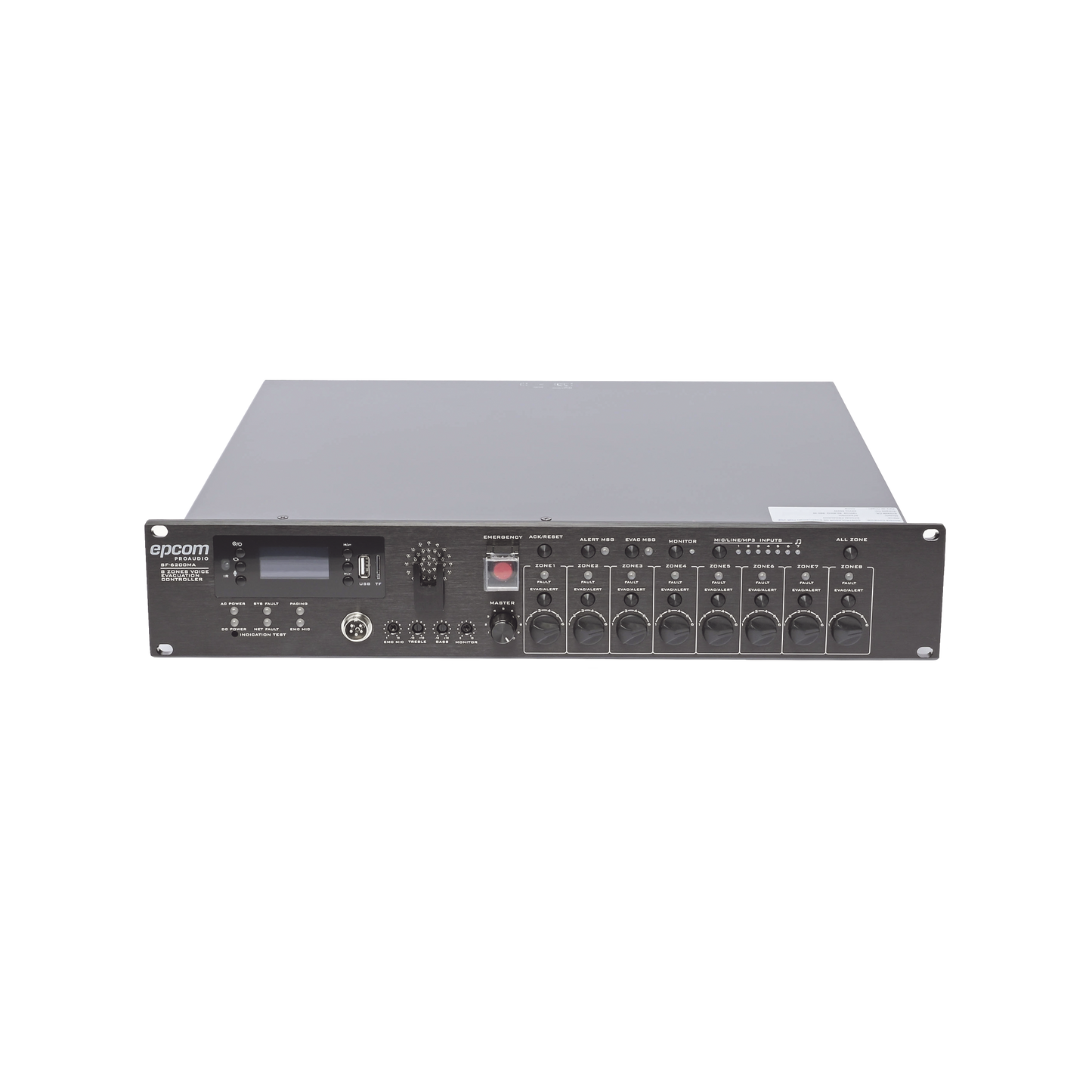 Controlador de EvacuaciÃ³n Por Voz | 500 W | 8 Zonas independientes | 4 entradas de audio y 2 entradas de micrÃ³fono