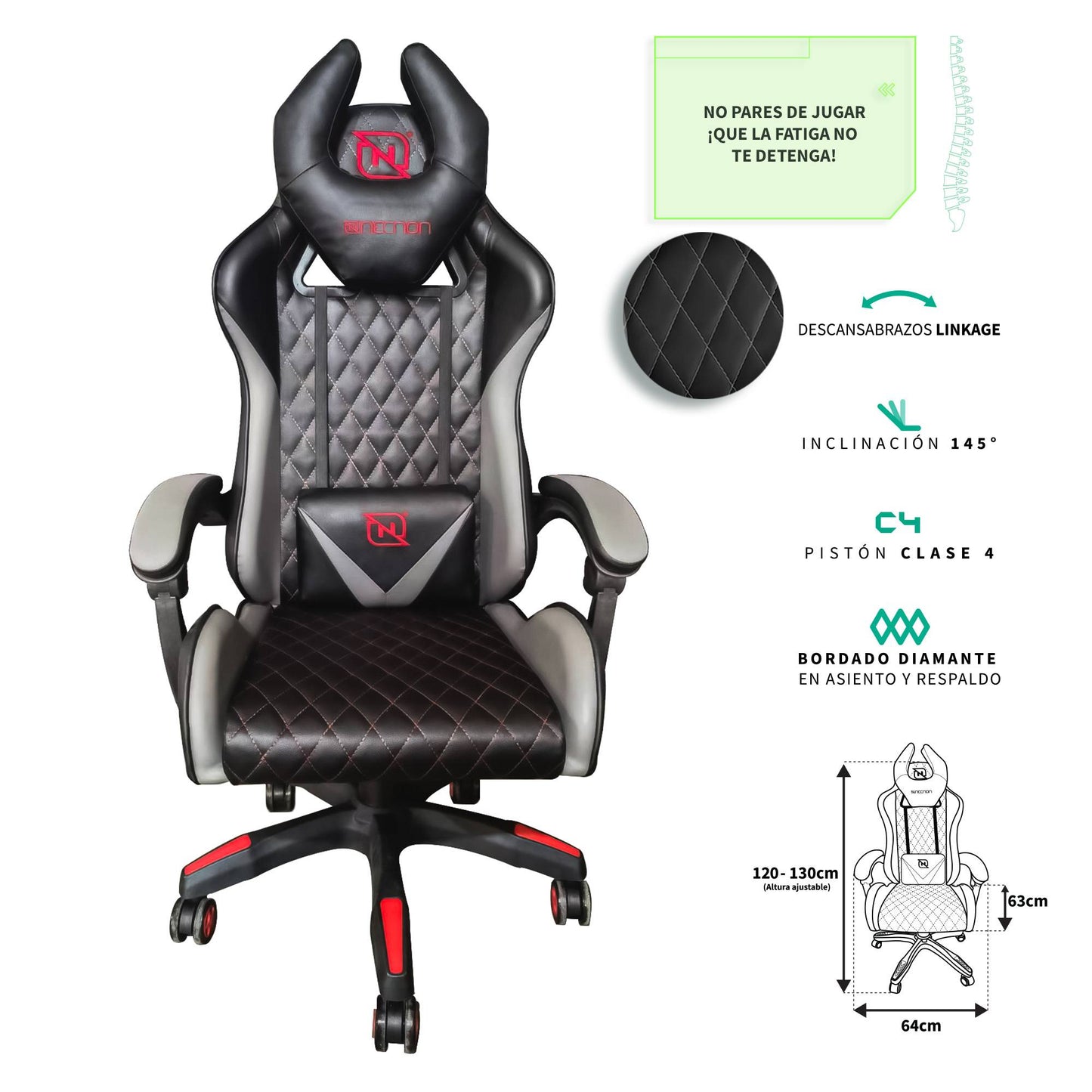 SILLA GAMER INCLINACION RESPALDO 145° CLASE 4 140-150KG NGS-01 FOAM 350MM 63CM*64CM*121-131CM RUEDA 5 PULGADAS COJIN LUMBAR Y CABEZA GRIS/ROJO