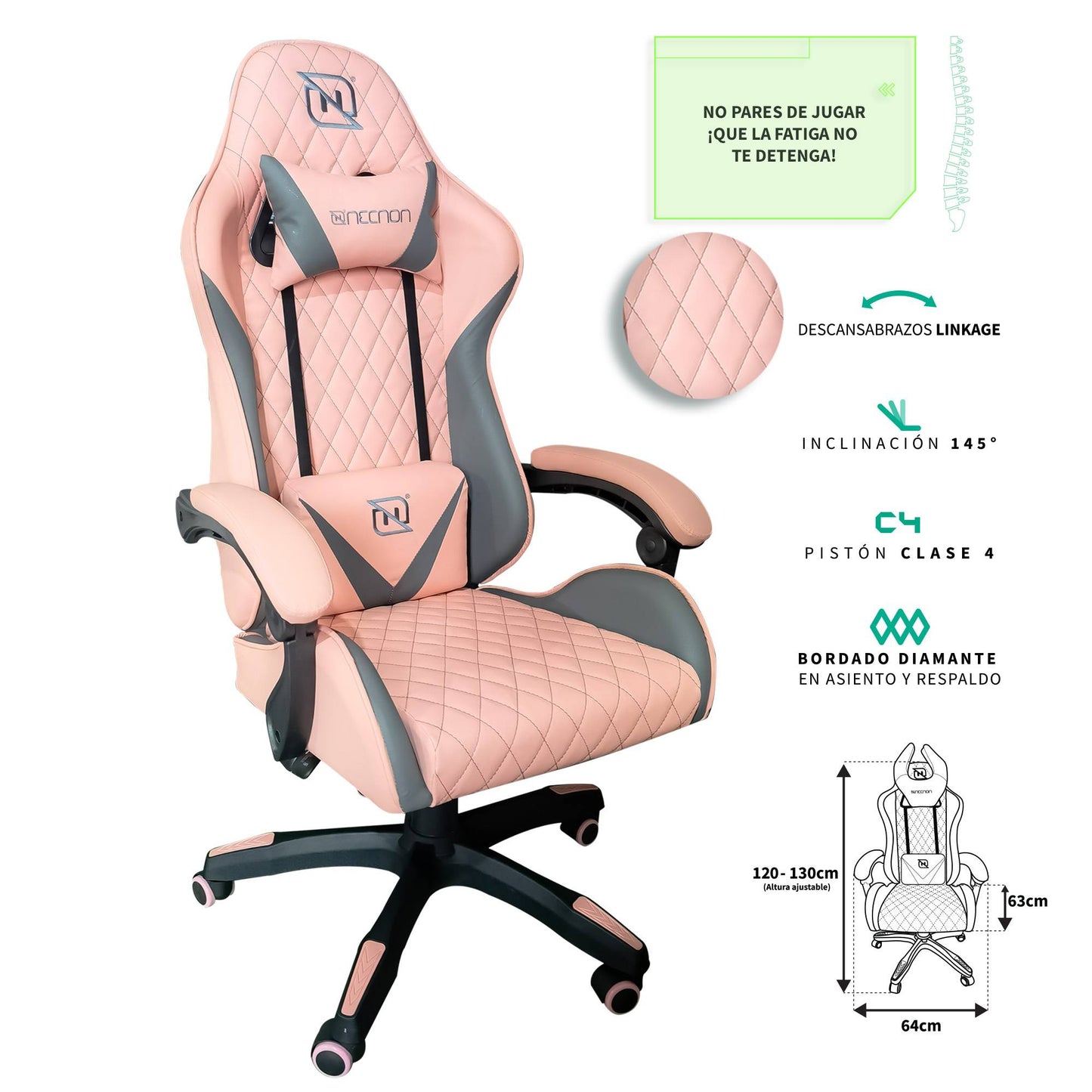 SILLA GAMER INCLINACION RESPALDO 145 CLASE 4 140-150KG NGS-01 FOAM 350MM 63CM*64CM*121-131CM COJIN LUMBAR Y CABEZA ROSA/GRIS