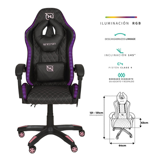 SILLA GAMER RGB INCLINACION RESPALDO 145 CLASE 4 140-150KG NSG-RGB1 FOAM 350MM 63CM*64CM*121-131CM COJIN LUMBAR Y CABEZA NEGRO/FUSCIA
