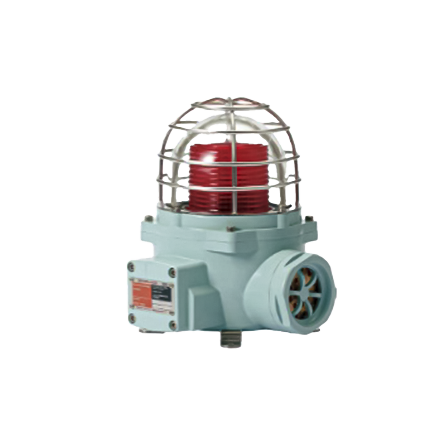 Luz LED color Rojo de advertencia con patrÃ³n de destello flasheante/fijo para zonas peligrosas con buzzer incluido a 105 dB. de 120 VCA