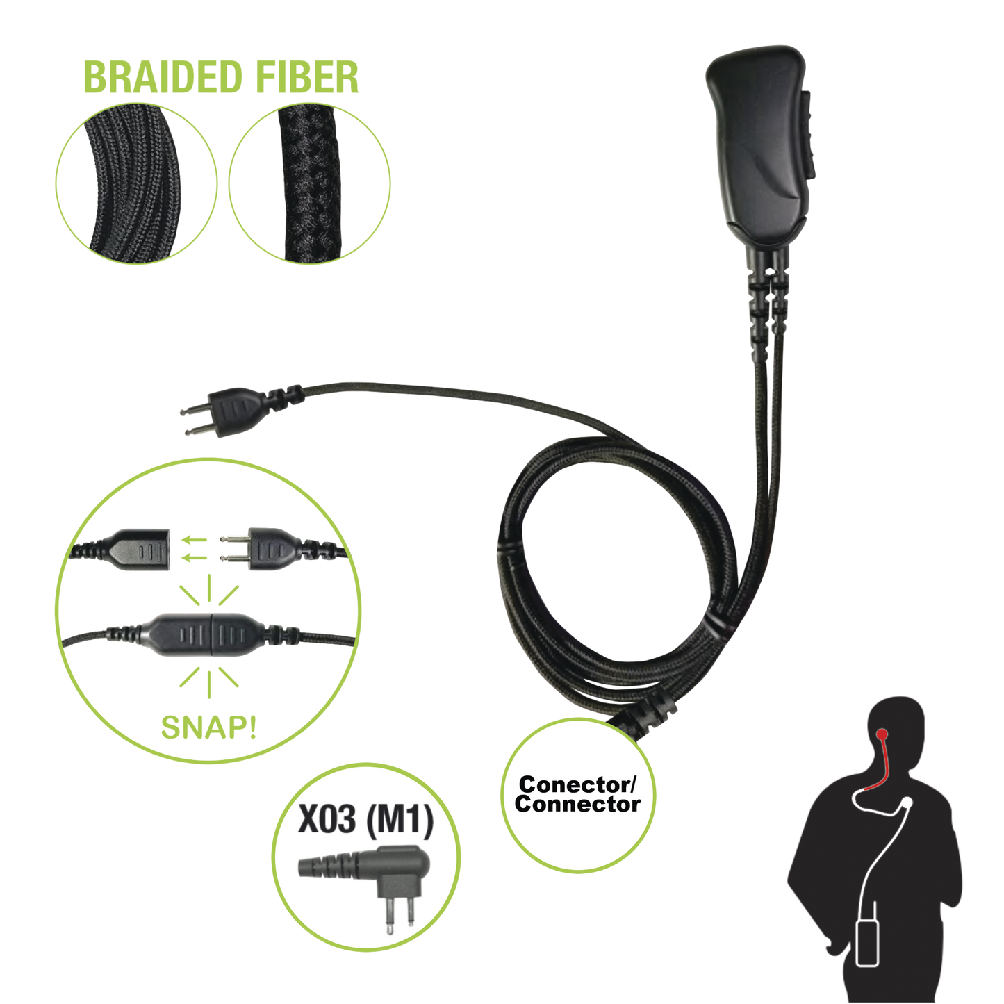 MicrÃ³fono con cable de fibra trenzada serie SNAP compatible con conector Motorola de 2 Pines.