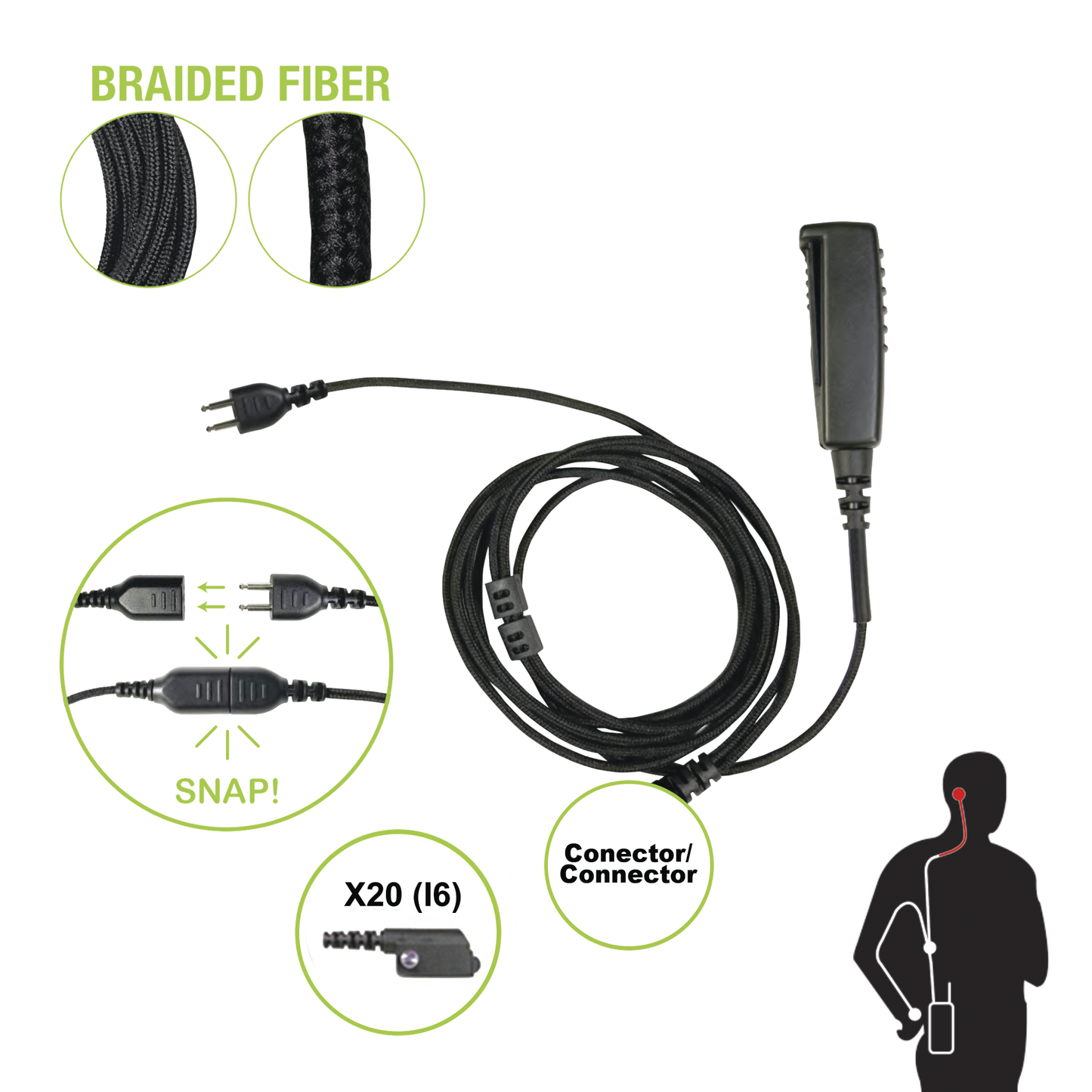 Cable para MicrÃ³fono audÃ­fono SNAP intercambiable con conector para Radios Icom IC-F3216/4261DS/DT, IC-F52D/62D, IC-F3400/4400DS/DT