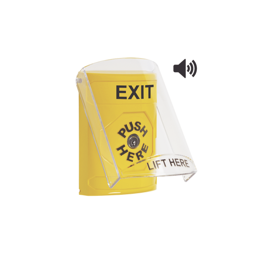 BotÃ³n de Salida, Texto en Ingles, Tapa Protectora de Policarbonato SÃºper Resistente, Llave para restablecer, Bocina integrada de Advertencia