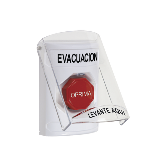 BotÃ³n de EvacuaciÃ³n, Texto en EspaÃ±ol, Tapa Protectora de Policarbonato SÃºper Resistente, Restablecimiento con Llave