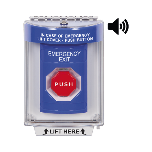 BotÃ³n de Emergencia con Bocina de Advertencia Integrada, Texto en Ingles, Tapa Protectora de Policarbonato SÃºper Resistente, Restablecimiento con Llave