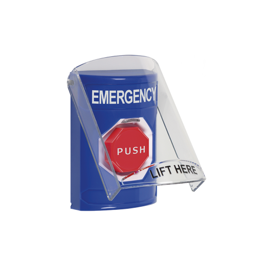 Botón de Emergencia con Bocina de Advertencia Integrada, Texto en Ingles, Tapa Protectora de Policarbonato Súper Resistente, Restablecimiento con Llave