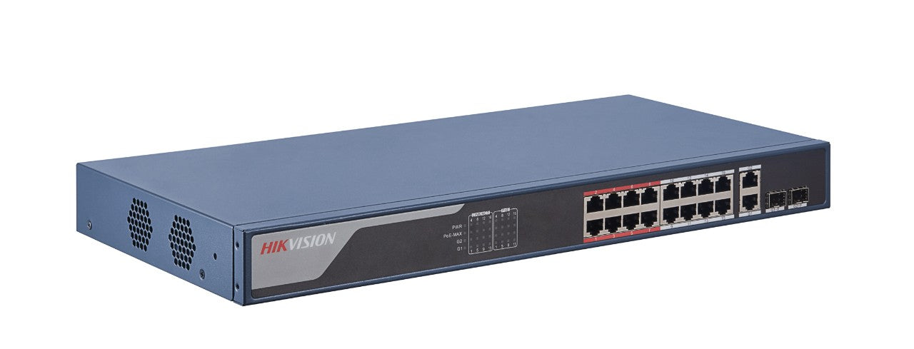 Switch Monitoreable PoE+ / 16 puertos 10/100 Mbps PoE+ / 2 puertos 10/100/1000 Mbps + 2 puertos SFP de Uplink