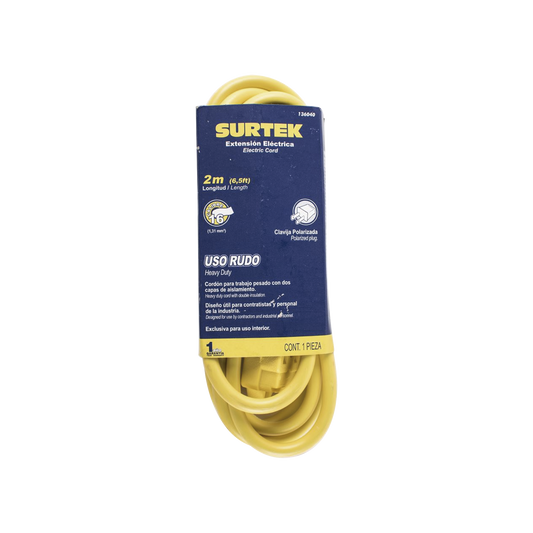 ExtensiÃ³n ElÃ©ctrica de Uso Rudo 2 metros / 127 V CA 10 A MÃ¡ximo /  Color Amarillo.