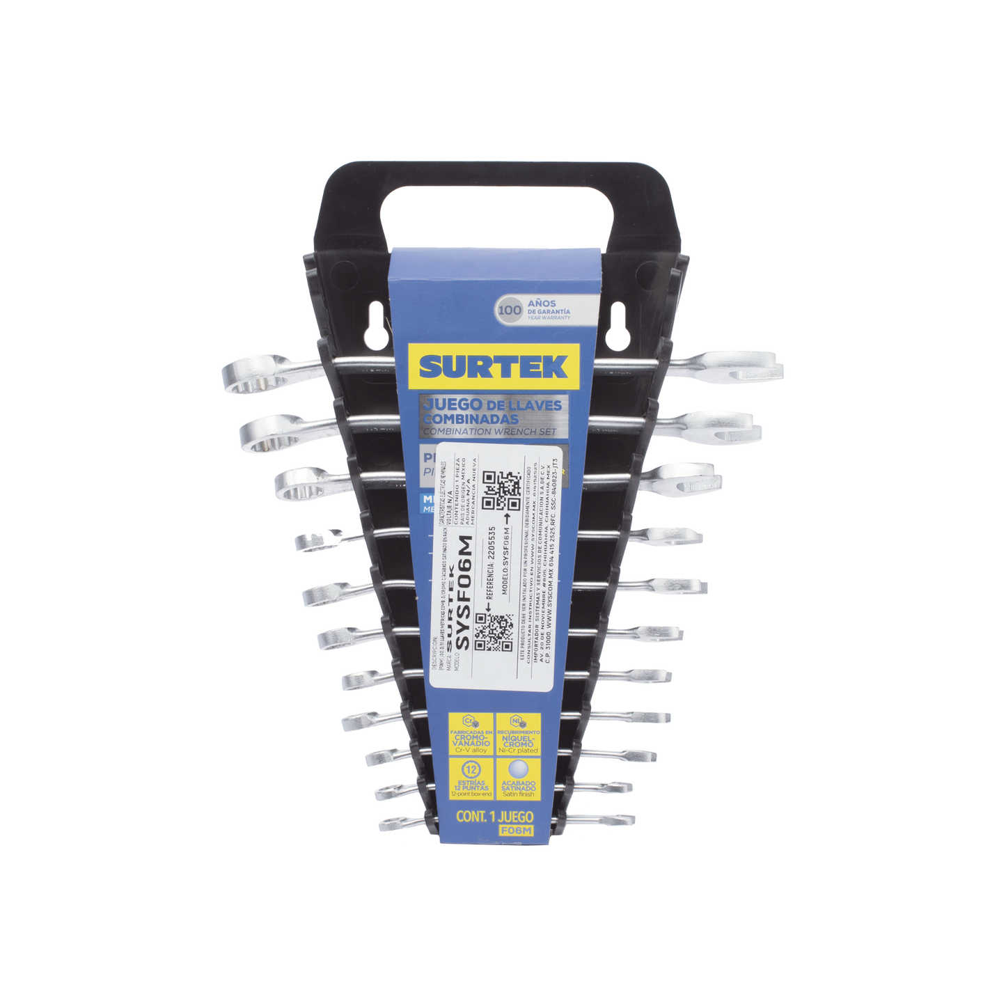 Juego de llaves combinadas en rack con 11  piezas metricas, de cromo con acabado satinado.