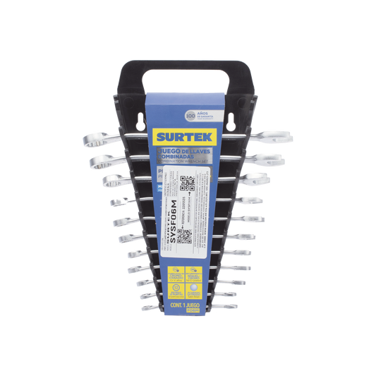 Juego de llaves combinadas en rack con 11  piezas metricas, de cromo con acabado satinado.