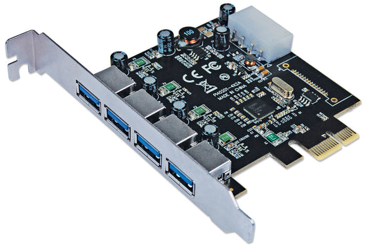 152891 Tarjeta PCI express USB 3.0 de 4 puertos, soporte de perfil estándar, añade cuatro puertos alineados SuperSpeed USB externos.