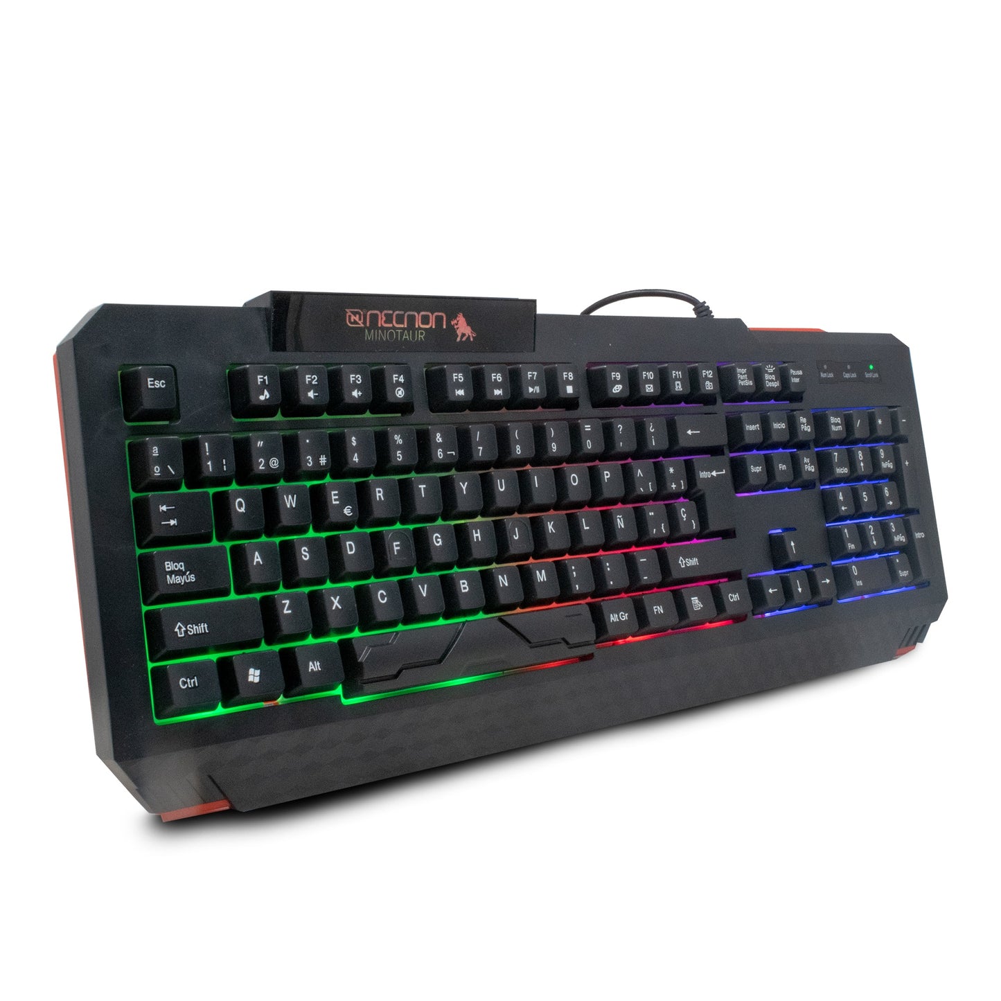 TECLADO GAMER NGK-MINOTAUR 104 TECLAS RETROILUMINADO LED MULTICOLOR DISENO ERGONOMICO RESISTENTE A SALPICADURAS ROJO/NEGRO