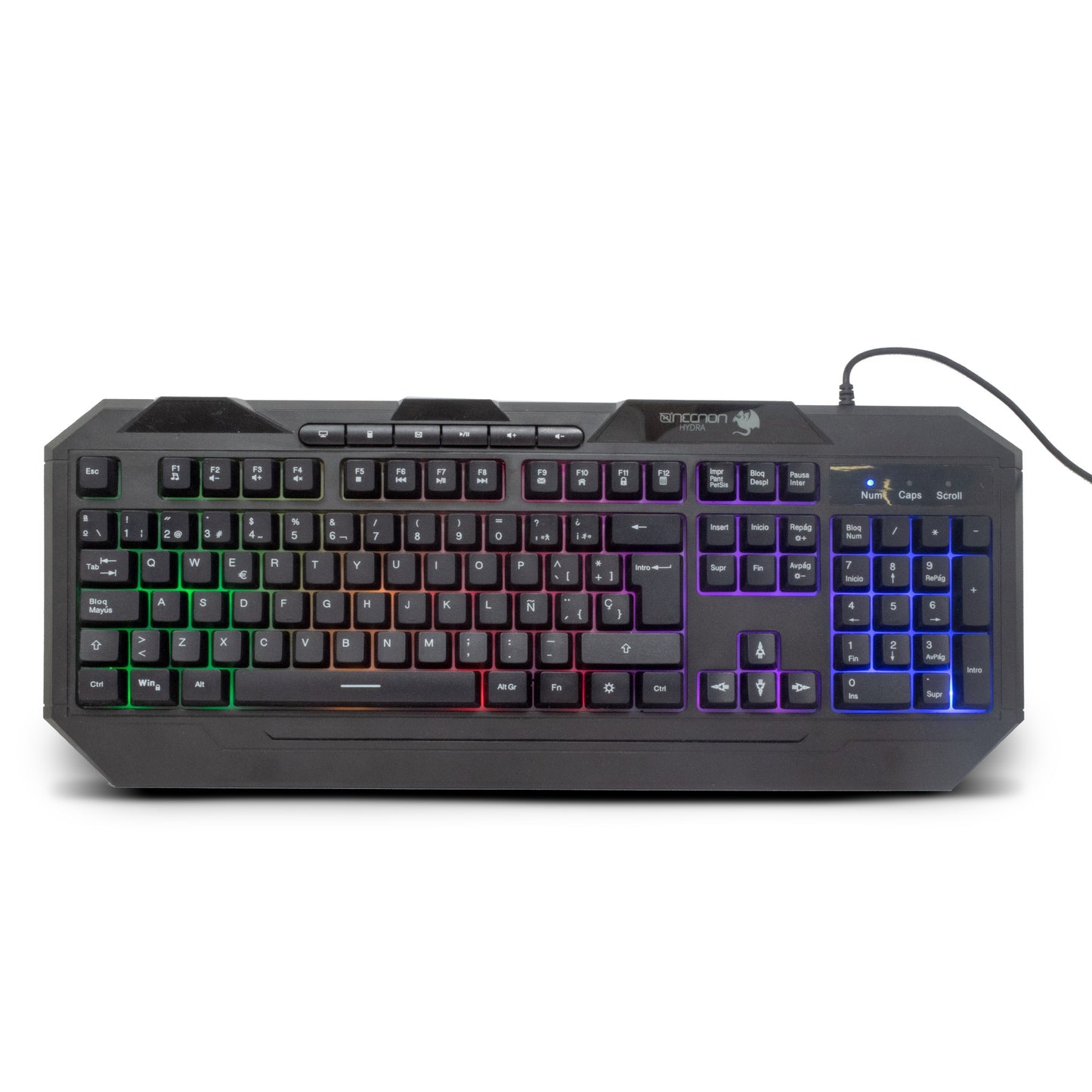 TECLADO GAMER NGK-HYDRA 114 TECLAS RETROILUMINADO LED MULTICOLOR DISENO ERGONOMICO 6 BOTONES MULTIMEDIA NEGRO