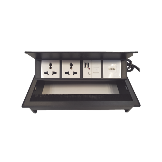 Caja Horizontal tipo Hub para escritorio color negro, con 1 Puerto HDMI Hembra-Hembra, 1 puerto RJ45 Cat6,  2 Puertos USB (Solo carga),  y 2 Contactos eléctricos universales