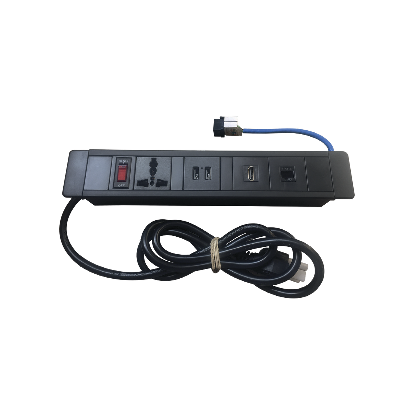 Hub para escritorio color negro, con 1 Puerto HDMI Hembra-Hembra, 1 Conector RJ45 Cat6, 2 Puertos USB 5V DC /2 A, y 1 Contacto eléctrico universal (11100-00001)