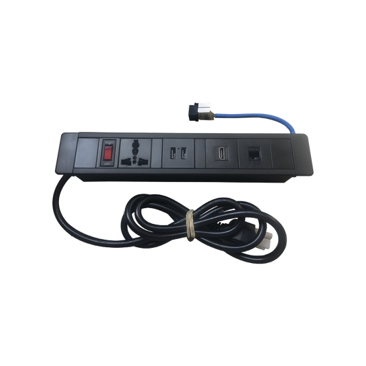 Hub para escritorio color negro,  con 1 Puerto HDMI Hembra-Hembra, 1 Conector RJ45 Cat6, 2 Puertos USB 5V DC /2 A, y 1 Contacto elÃ©ctrico universal  (11100-00001)