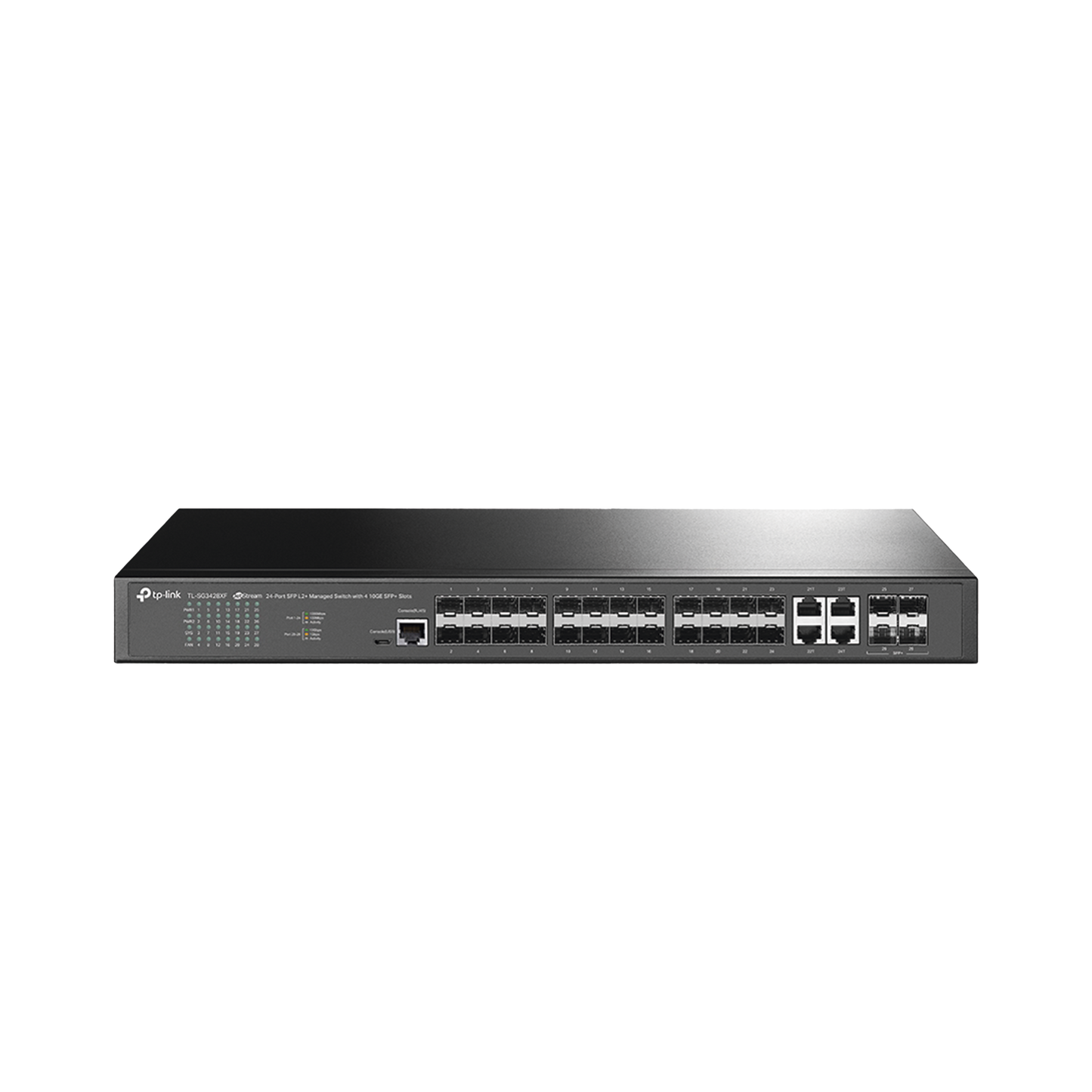 Switch de Fibra Óptica L2+ Omada / 24 puertos SFP 1GE / 4 Puertos Combinados SFP+/RJ45 Gigabit / 2 Puertos Consola RJ45|micro-SUB / Administración Centralizada Omada o Stand-Alone / Compatile con IPv6 / Multicast IGMP