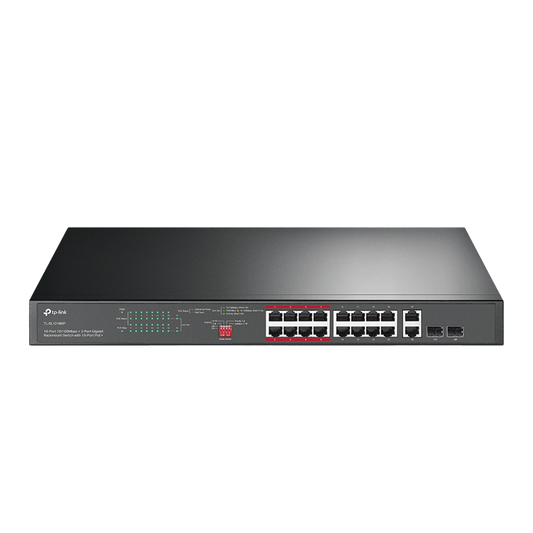Switch PoE+ No Administrable de 16 puertos 10/100 Mbps / 2 puertos 10/100/1000 Mbps en Combo con 2 Puertos SFP / Presuuesto PoE 250 W / Extensor PoE de hasta 250 metros