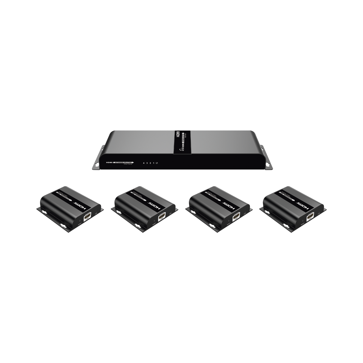Kit Divisor y Extensor HDMI (Extender Splitter)  / Divide 1 Fuente HDMI a 4 Pantallas / Extiende la seÃ±al HDMI hasta 120 m / ResoluciÃ³n 1080P @ 60 Hz / Cat 6/6a / Soporta IR / Baja Latencia / Uso24/7 / Alimente solo el Tx (PoC).