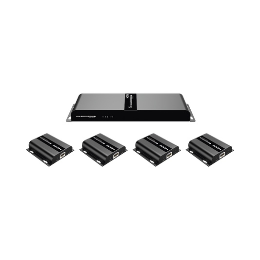 Kit Divisor y Extensor HDMI (Extender Splitter)  / Divide 1 Fuente HDMI a 4 Pantallas / Extiende la seÃ±al HDMI hasta 120 m / ResoluciÃ³n 1080P @ 60 Hz / Cat 6/6a / Soporta IR / Baja Latencia / Uso24/7 / Alimente solo el Tx (PoC).