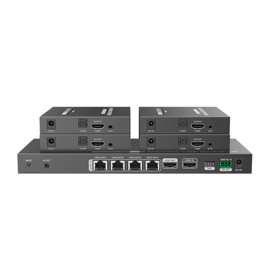 Kit Divisor y Extensor HDMI / Divide 1 Fuente HDMI a 4 Pantallas / Extiende la seÃ±al HDMI hasta 70 m / ResoluciÃ³n 4K @ 60 Hz/ Cat 6/6a/7 / IPCOLOR / CERO LATENCIA / Uso 24/7 / Puerto S/PDIF / EDID / RS232 / Salida Loop / Alimente solo el Tx