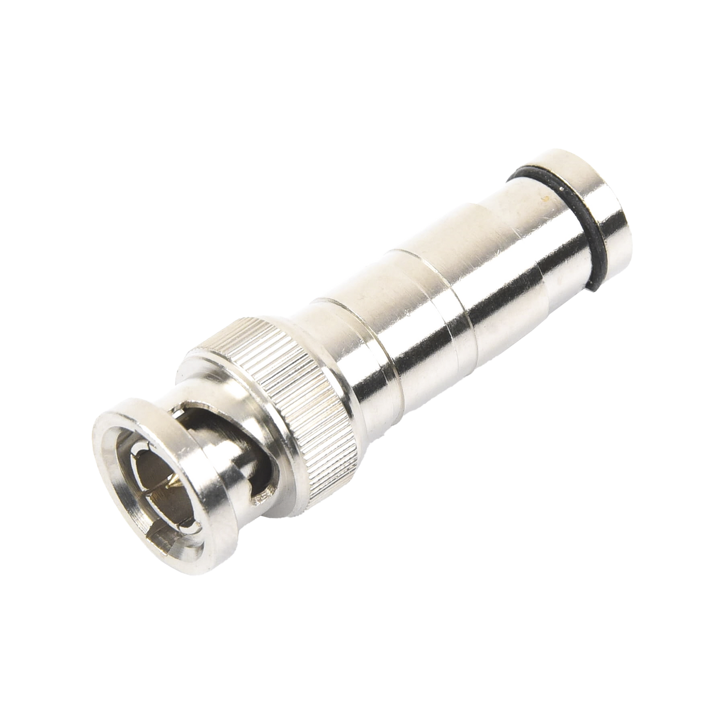 Conector BNC Macho en 75 Ohm, de CompresiÃ³n Axial para Cable Coaxial RG-59/U, NÃ­quel/ Oro/ Politetrafluoroetileno.