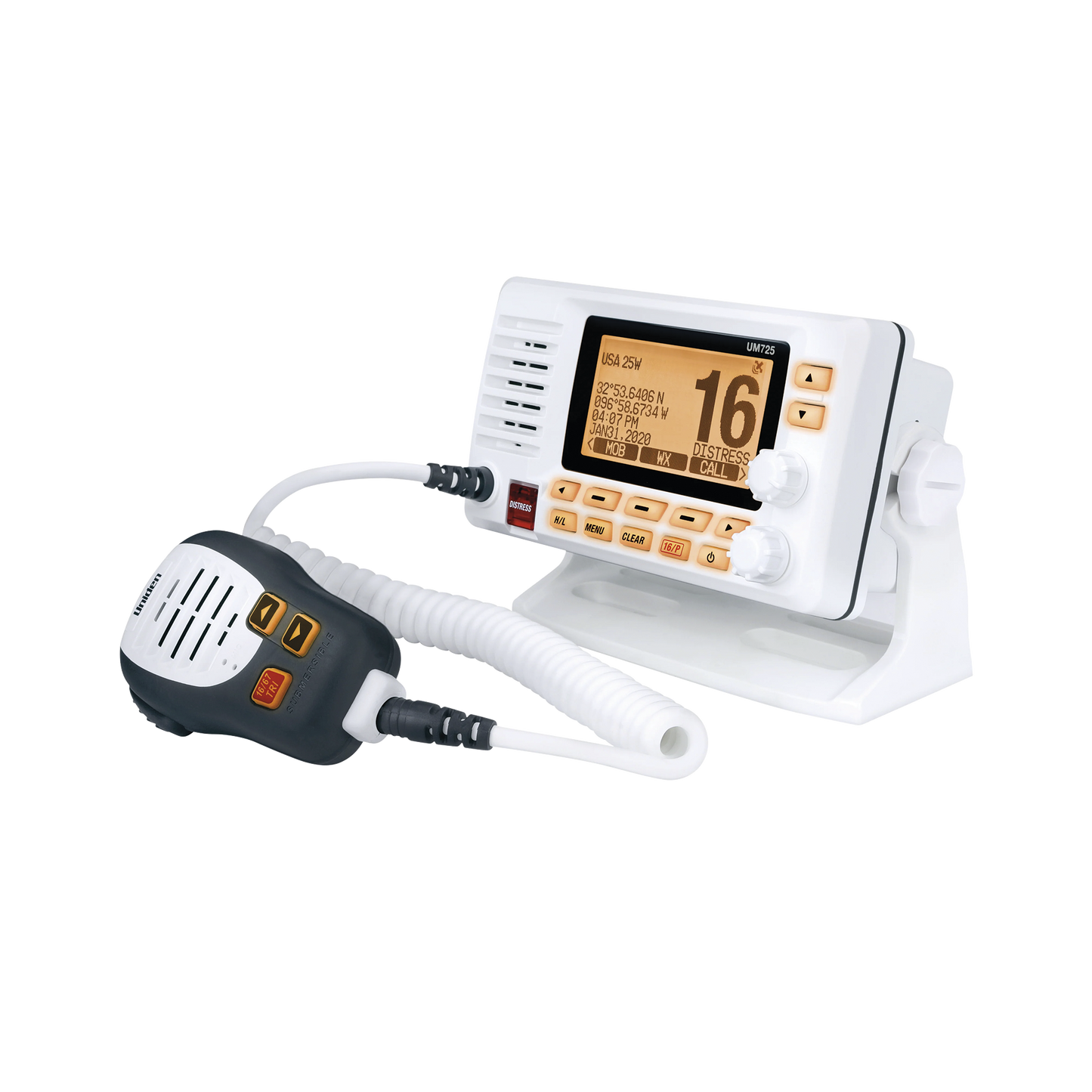 Radio MÃ³vil Marino VHF, color blanco con receptor de GPS integrado, Tx: 156.025 - 157.425 MHz, Rx: 156.050 - 163.275 MHz, 25W de potencia, sumergible IPX8 incluye micrÃ³fono y cable de alimentaciÃ³n