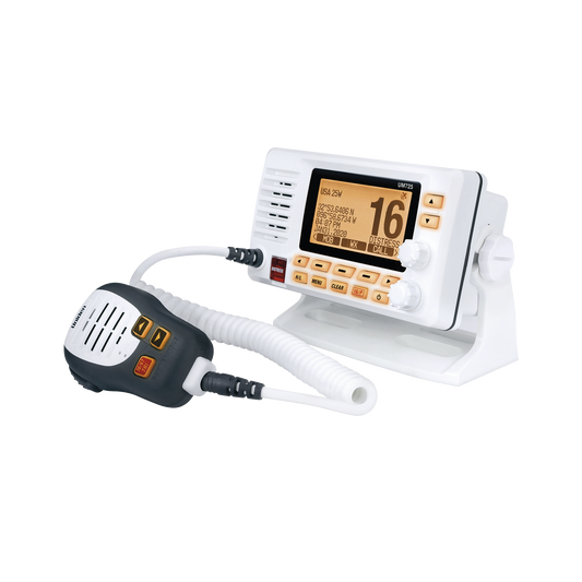 Radio MÃ³vil Marino VHF, color blanco con receptor de GPS integrado, Tx: 156.025 - 157.425 MHz, Rx: 156.050 - 163.275 MHz, 25W de potencia, sumergible IPX8 incluye micrÃ³fono y cable de alimentaciÃ³n