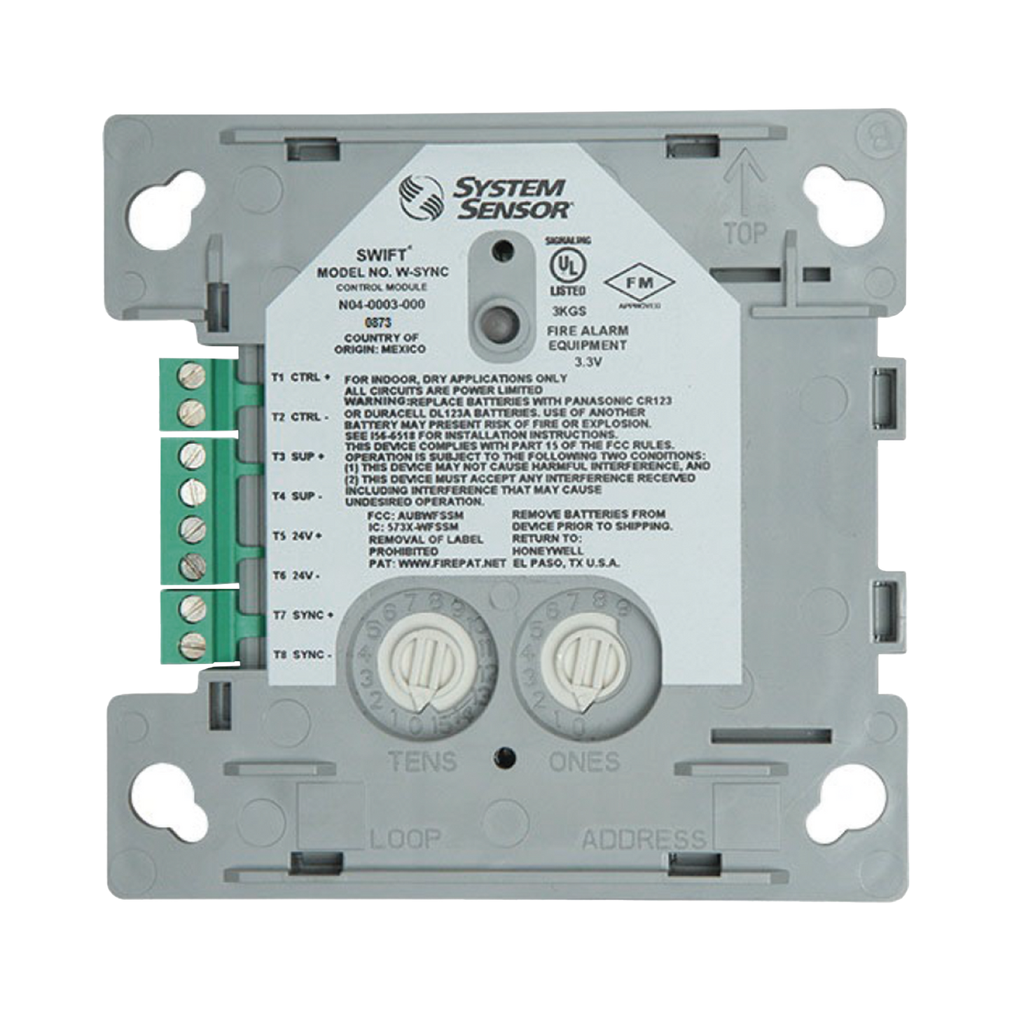 Módulo de Sincronización Inalámbrico / Compatible con Paneles Notifier, Fire-Lite, Silent Knight y Farenhyt / Incluye Baterías