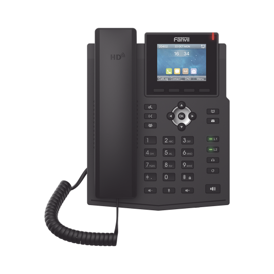 TelÃ©fono IP empresarial para 4 lÃ­neas SIP con pantalla LCD de 2.8 pulgadas a color, puertos Gigabit, IPv6, Opus y conferencia de 3 vÃ­as, PoE