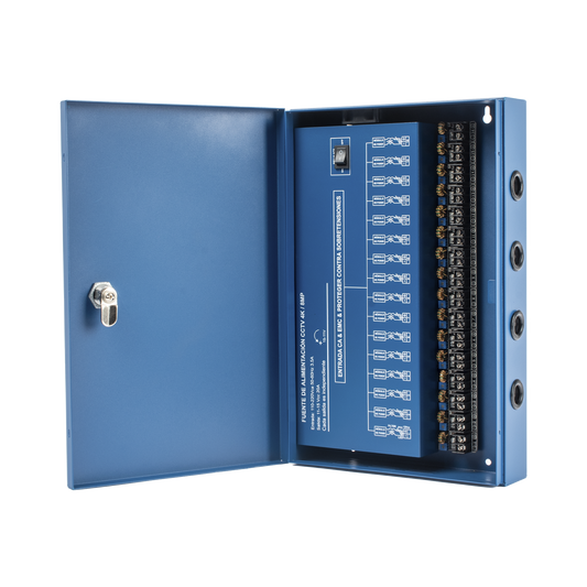 Fuente de Poder Profesional HEAVY DUTY @ 20 Amperes / 16 Canales / Hasta 1.25A por Salida / Ajuste Independiente de 11 a 15 Vcc por Salida / Protección Contra Sobrecargas / Filtro de Ruido Especial para Cámaras 4K.