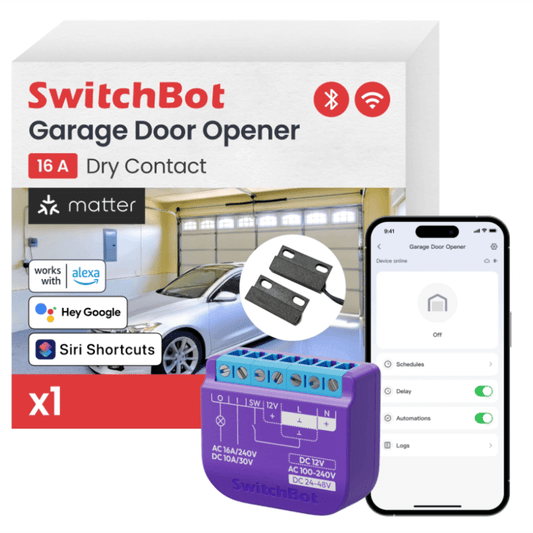 SwitchBot Relay Switch / Controlador de Puerta de Garaje Inteligente / Bluetooth 4.2+ / Alimentación VCA y VCC / Compatible Matter / Aplicación Móvil