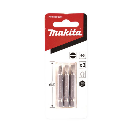 Punta plana para atornillar de 4-5 x 50 mm forma â€œEâ€, zanco tipo hexagonal de 1/4" con punta magnÃ©tica, blÃ­ster con 3 piezas.