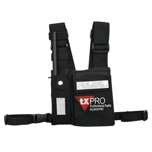 Pechera Universal con soporte para radio, sostÃ©n de bolÃ­grafo y seguridad para la bolsa con cinta adherente. Logo TX-PRO.
