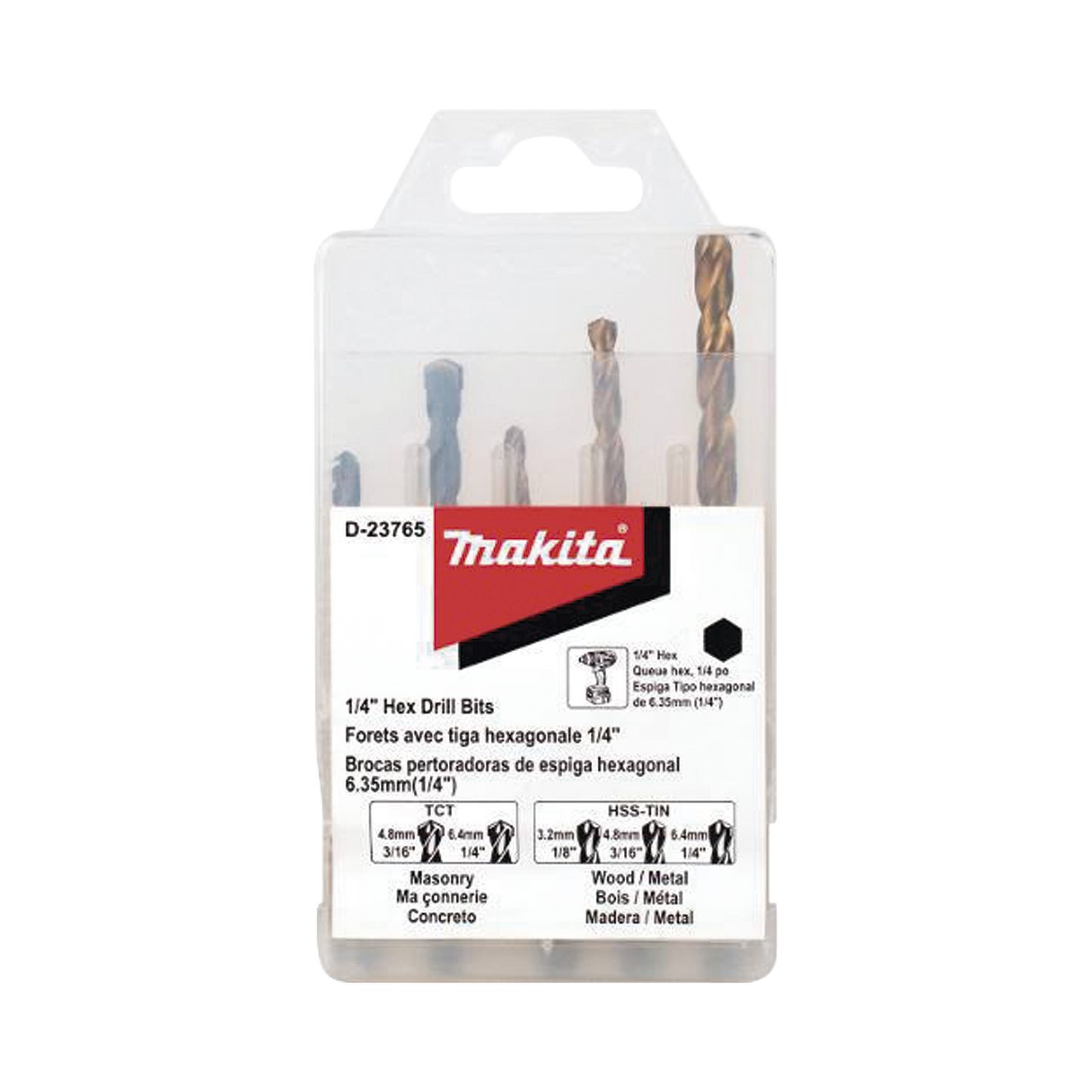 Juego de 5 Brocas con InserciÃ³n Hexagonal de 1/4". De concreto: 3/16" y 1/4". Para metal: 1/8", 3/16" y 1/4".