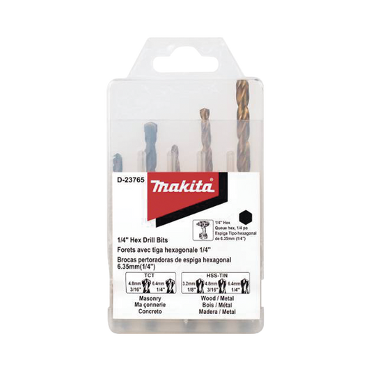 Juego de 5 Brocas con InserciÃ³n Hexagonal de 1/4". De concreto: 3/16" y 1/4". Para metal: 1/8", 3/16" y 1/4".