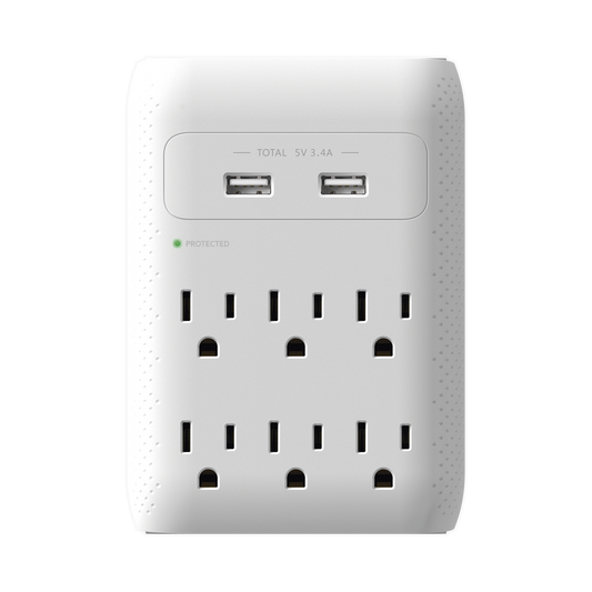 Multicontacto de Pared 110 Vca / Supresor de Picos 1080 Joules / 6 x Nema 5-15P / 2 x USB (5V @3.4A)