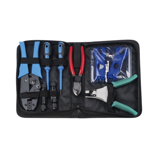 Juego de Herramientas y Accesorios, para InstalaciÃ³n de Sistema Solar. Incluye: Pinzas (3), Desarmadores (2), Llaves (2) y Accesorios (7).