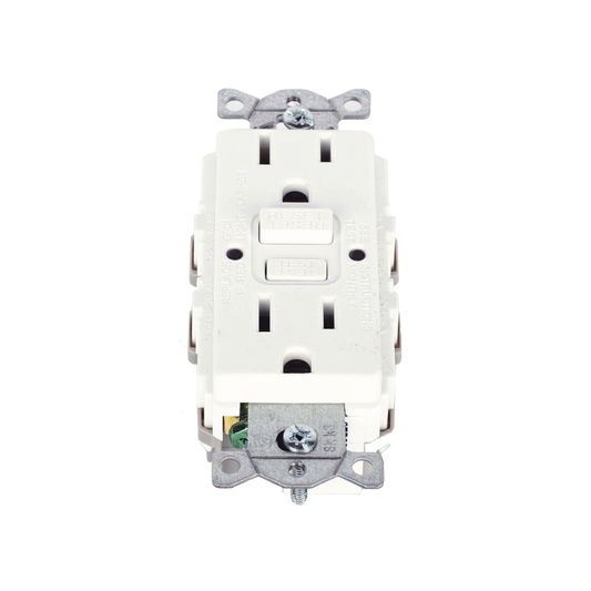 Contacto de Auto-verificaciÃ³n GFCI con Interruptor de Falla a Tierra de 15 A 125 V 2 Polos, 3 Hilos Color Blanco (Nema 5-15R), Grado Comercial.