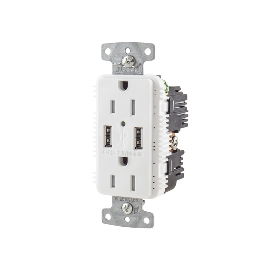 Contacto DÃºplex con 2 Puertos USB, 15A 125V, 2 Polos, 3 Hilos, Color Blanco.