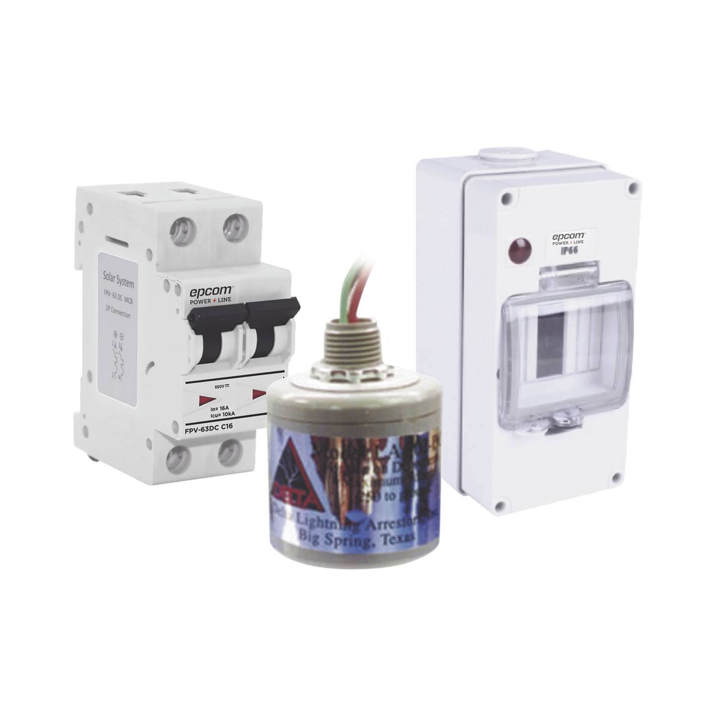 Kit de Centro de Carga Para Corriente Directa, Breaker de hasta  800 Vcc de 16 A con Supresor de Descargas AtmosfÃ©ricas.