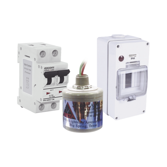 Kit de Centro de Carga Para Corriente Directa, Breaker de hasta  800 Vcc de 16 A con Supresor de Descargas AtmosfÃ©ricas.